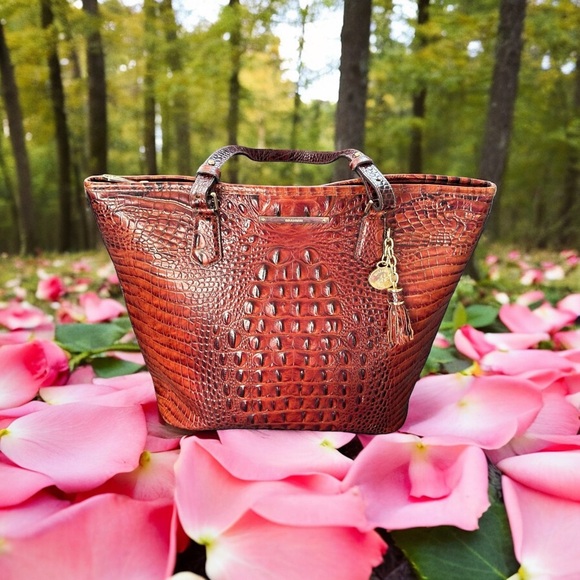 Brahmin Brown Leather Reptile Hand Tote W/Matching Wallet 2pc - Picture 1 of 13